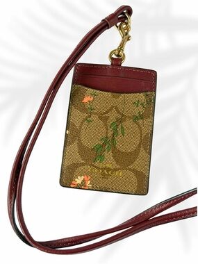 Coach Brown Signature Floral Card Holder with Burgundy Trim and lanyard